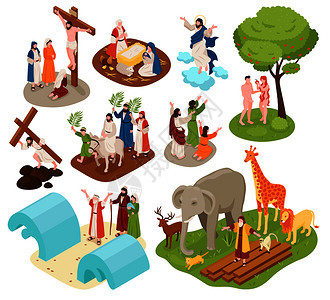 等距经叙事与古代基督教人物诺亚与动物亚当夏娃耶稣基督矢量插图背景图片