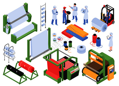 套等距纺厂生产隔离图像与工业机械储存设施人员字符矢量插图图片