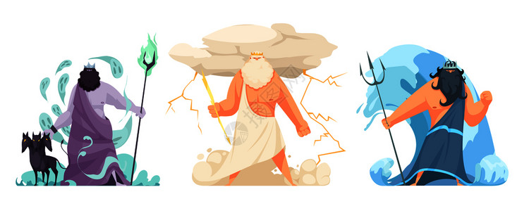 三个强大的古希腊兄弟神水平与哈德斯宙斯波塞冬卡通孤立矢量插图图片