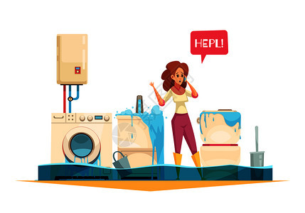 洗衣机水浸槽溢流管泄漏紧急卡通构图与女叫水管工服务矢量插图图片
