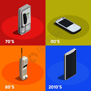 复古设备2x2与电话同的几十隔离彩色背景三维矢量插图图片