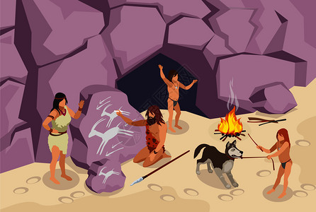 石器时代的人等距背景与古人矢量插图图片