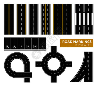 黑色道路标记顶部视图图标同的标记白色黄色矢量插图图片