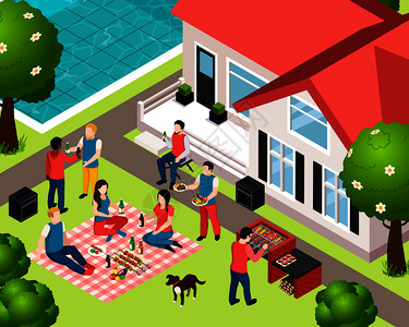 烧烤烧烤野餐种滑稽的构图,与朋友聚会上的后院矢量插图图片