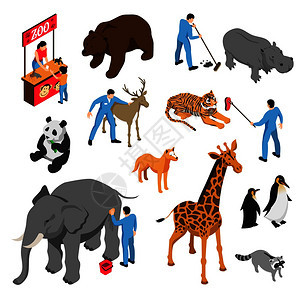 专业活动期间,动物园的各种动物工人的等距集,矢量插图图片