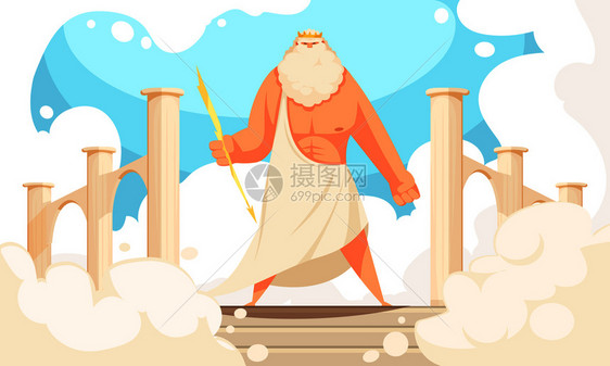 希腊古代神平卡通形象强大的神话宙斯突出人物万神殿背景矢量插图图片
