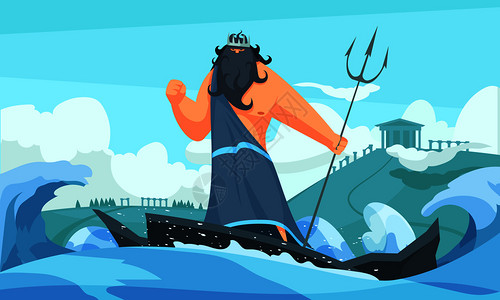 希腊古代神平卡通带与波塞冬波浪打击海与他的三叉戟矢量插图古神波塞冬图片