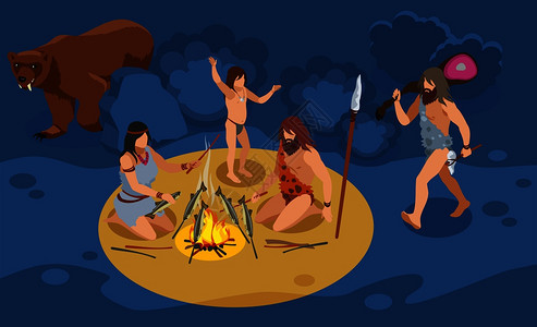 石器时代家庭等距构图与狩猎烹饪符号矢量插图图片