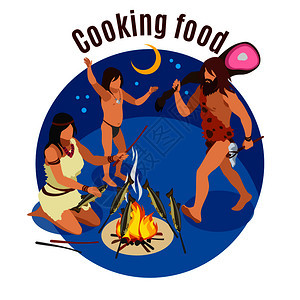 石器时代烹饪等距与食品符号矢量插图图片