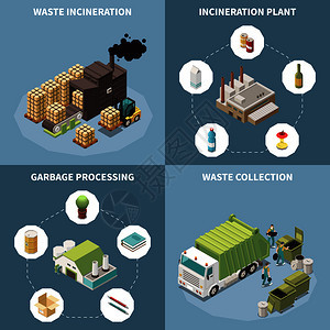 垃圾回收等距图标废物焚烧垃圾处理废物收集描述矢量插图图片