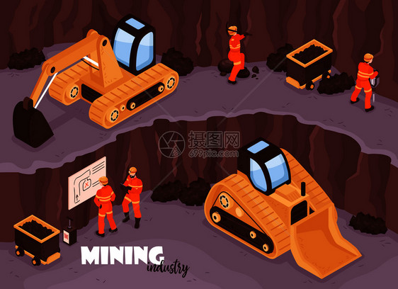 矿山工业背景与工人的特点,统开放的矿山风景与挖掘机文本矢量插图图片