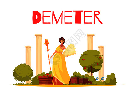 德米特卡通构图与优雅的希腊女神雕像站古建筑背景平矢量插图上图片