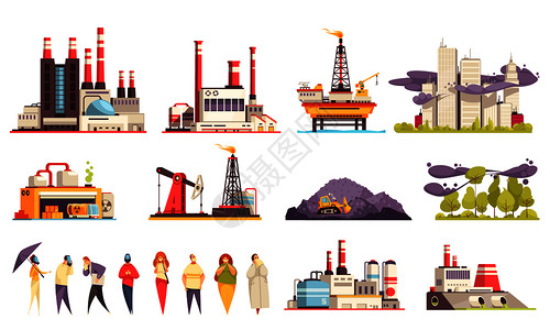工业建筑卡通工厂发电厂石油海洋平台等孤立矢量插图图片