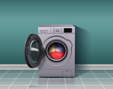 洗衣机写实构图与家务设备符号矢量插图图片