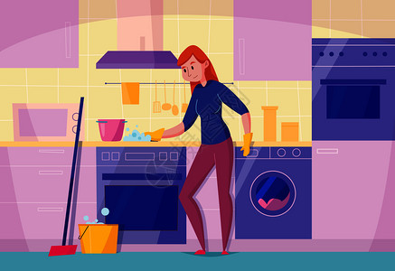 厨房维护服务平成与女清洁炉顶与海绵时尚洗碗机烤箱矢量插图图片