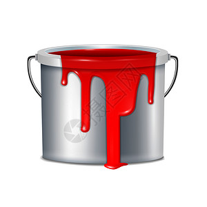 逼真的油漆桶成金属与白色塑料桶盖红色油漆矢量插图图片