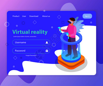 等距着陆页与登录形式男子戴虚拟现实眼镜三维矢量插图图片