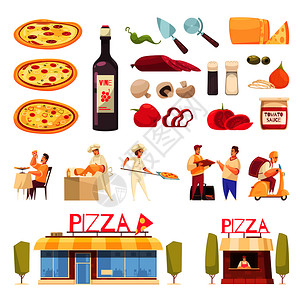 比萨饼图标与产品为比萨饼创建比萨饼店厨师矢量插图图片