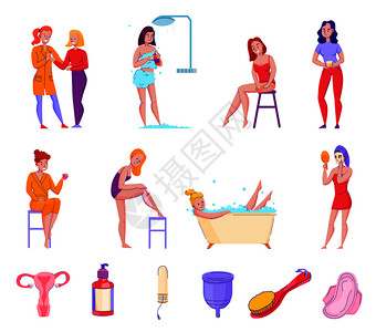 女卫生个人护理产品提示平图标收集与淋浴新鲜毛巾肥皂卫生棉矢量插图图片