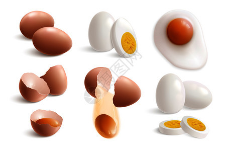 鸡蛋现实图标与煮熟的煎蛋壳蛋黄矢量插图图片