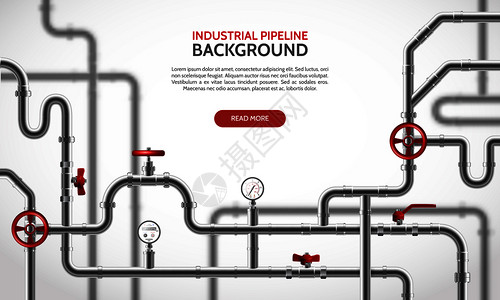 管道矢量工业钢管道与红色水龙头现实背景矢量插图插画