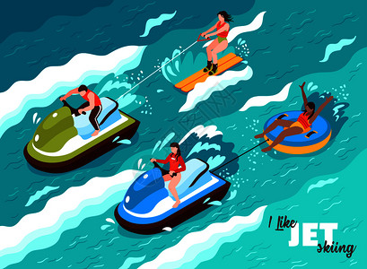 夏季水上运动等距海报海浪背景与人们参与喷气滑雪矢量插图喷气式滑雪等距海报图片