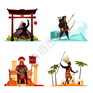 古代战争场景古代战士的图标与平矢量插图插画