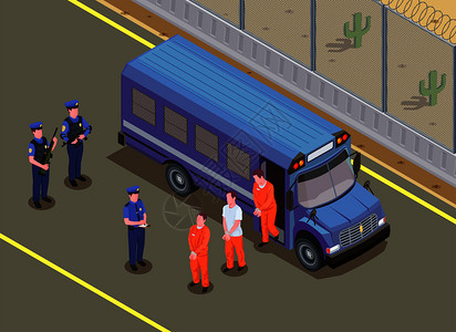 步进囚犯运输等距成与保安监视被定罪的罪犯穿着制服,货车矢量插图插画