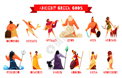 古希腊神2水平卡通人物集与狄奥尼索斯宙斯波塞冬阿芙罗狄蒂阿波罗雅典娜矢量插图图片