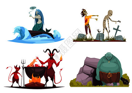 人物4卡通作品与的海巫婆欺骗美人鱼闹鬼墓地矢量插图背景图片