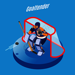 冰球守门员完整的设备保护目标与棒圆等距成蓝色背景矢量插图图片