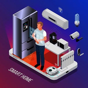 物联网厨房电器安全相机等距成与业主控制智能冰箱与触摸矢量插图图片