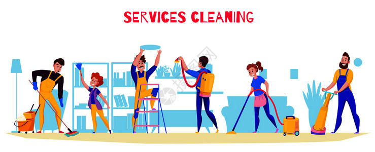 清洁服务专业职责提供平水平成与地板清洗抛光吸尘架除尘矢量插图图片