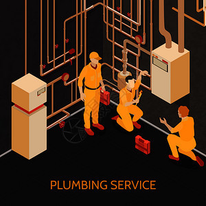 管道服务队工作中的等距成与地下室锅炉加热系统维护安装维修矢量插图图片