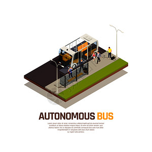 自主汽车无人驾驶汽车机器人运输等距成与巴士描述矢量插图图片