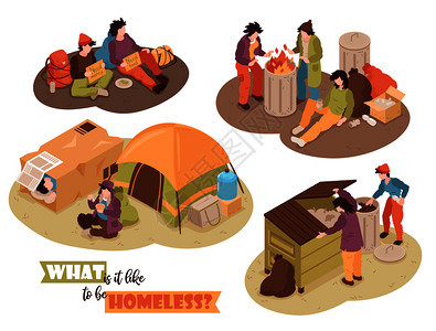 等距无家可归者与人类人物垃圾箱营地帐篷图像与文本矢量插图图片