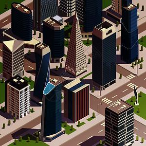 城市摩天大楼等距成与现实的现代城市街区与高楼塔矢量插图图片