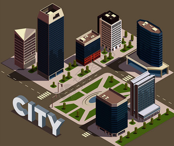城市摩天大楼等距成与城市街区与现代高楼街道文本矢量插图图片