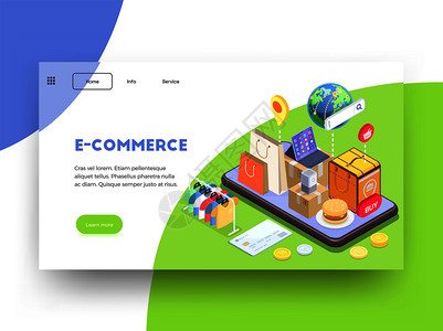 购物电子商务等距登陆页网站背景与文本图像可点击链接按钮矢量插图图片