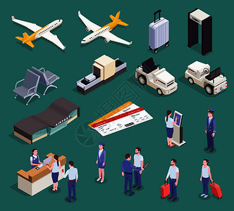 机场等距与建筑物车辆电器乘客机人员矢量插图的孤立图像图片