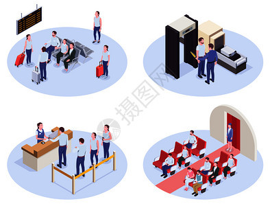 套四个机场等距成与休息室登记台安全检查内部图像矢量插图图片