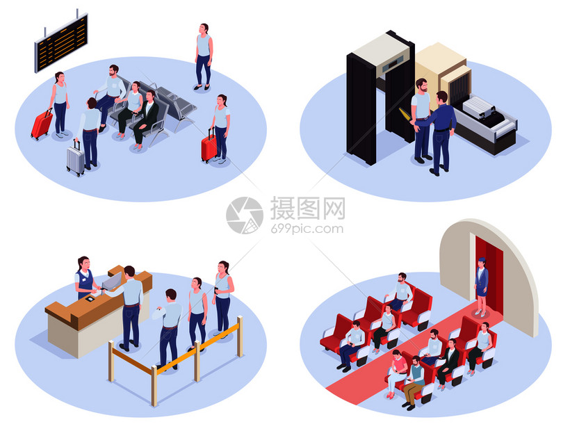 套四个机场等距成与休息室登记台安全检查内部图像矢量插图图片