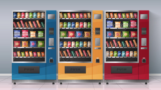 现实的海报与三个多色自动售货机充满饮料零食矢量插图图片