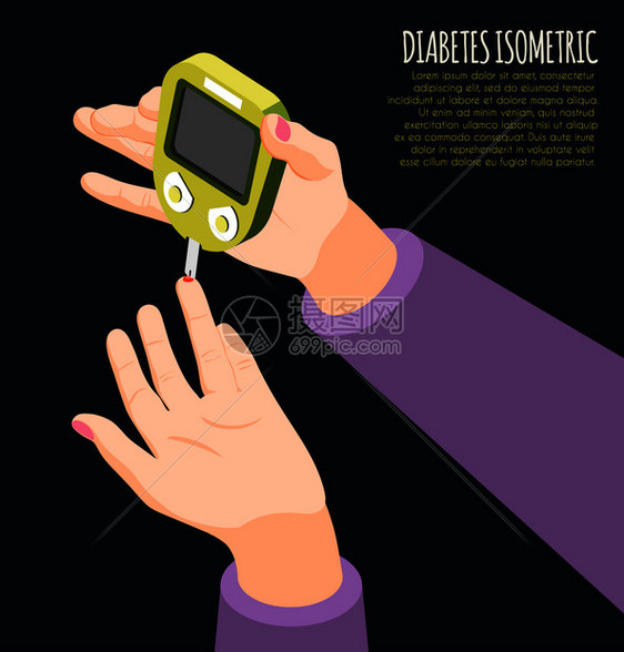 糖尿病诊断等距背景与人手握仪测量血糖水平矢量插图图片