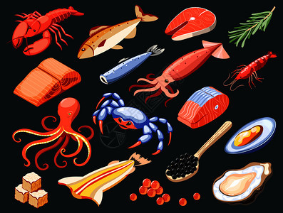 海洋食物分离的彩色图标与鲑鱼,鱼子酱,贻贝,螃蟹,牡蛎,鲨鱼肉,黑色背景等距矢量插图图片