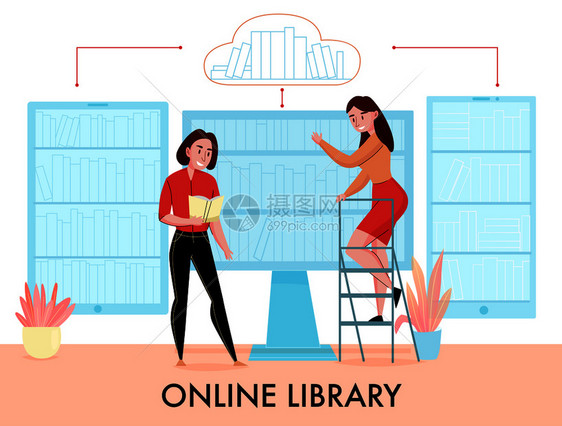 线图书馆平符号成与女搜索书籍桌监视器智能手机平板电脑虚拟书架矢量插图图片