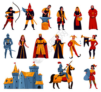 中世纪故事人物平集与弓箭手铁匠,国王,喇叭,鼓风机,主教,战士骑士城堡矢量插图图片