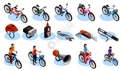 自行车等距图标工具配件同类型的自行车矢量插图图片