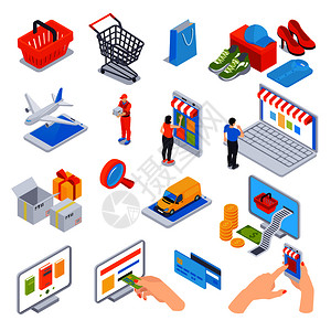 网上购物等距信用卡小工具,用于订单付款交付运输矢量插图图片
