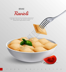盘子里的馄饨传统的民族菜意大利菜单现实的构图矢量插图图片
